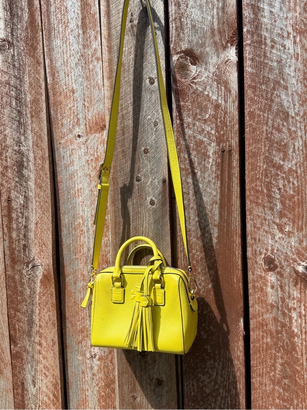 Tory Burch Thea Web Mini Lemon Yellow Pebbled Leather Satchel with Tasse - Picture 4 of 4